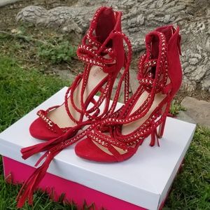 NEW red faux suede ankle wrap stiletto heels